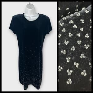 Vintage Black Beaded Velvet Dress Size 6 Short Sleeve Sheath Evening Dress‎